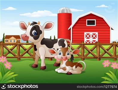 Cartoon cow and calf with farm background
