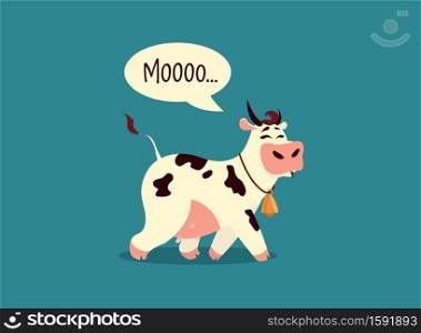 Cartoon cow. Cute farm animal gives milk, fanny mascot for dairy products advertising, domestic life emblem or food logo template. Smile mammal with speech bubble. Vector livestock flat illustration. Cartoon cow. Mammal with speech bubble. Farm animal gives milk, fanny mascot for dairy products advertising, domestic life emblem or food logo template. Vector livestock flat illustration