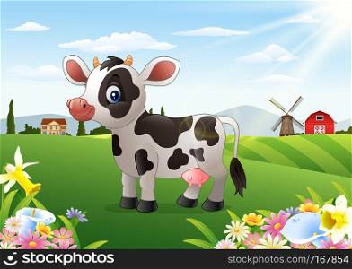 Cartoon cow in rural landscape with blooming flowers