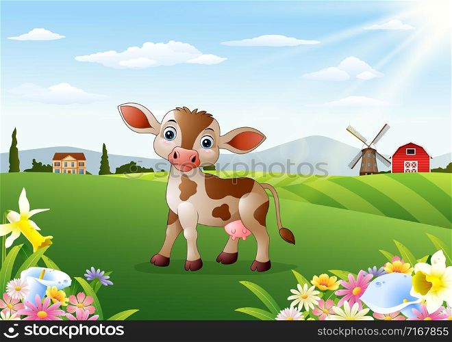 Cartoon cow in rural landscape with blooming flowers