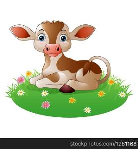 Cartoon cow sitting on grass