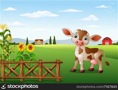 Cartoon cow with farm landscape