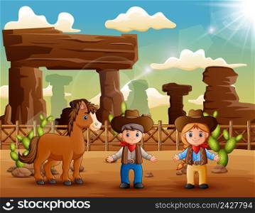 Cartoon cowboy and cowgirl with a horse in the desert