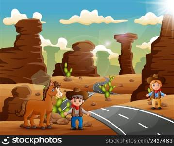 Cartoon cowboy and cowgirl with animals on the desert road 