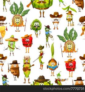 Cartoon cowboy, ranger and native americans, sheriff vegetables characters seamless pattern. Background or vector wallpaper with artichoke, asparagus and kohlrabi, mushroom, pepper and corn personages. Cartoon cowboys vegetables on seamless pattern