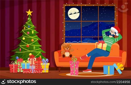 Cartoon Cozy Interior of Living Room with man on Sofa, Christmas Tree. Happy New Year Decoration. Merry Christmas Holiday. New Year and Xmas Celebration.Vector illustration in flat style. Cozy Interior of Living Room with man on Sofa,
