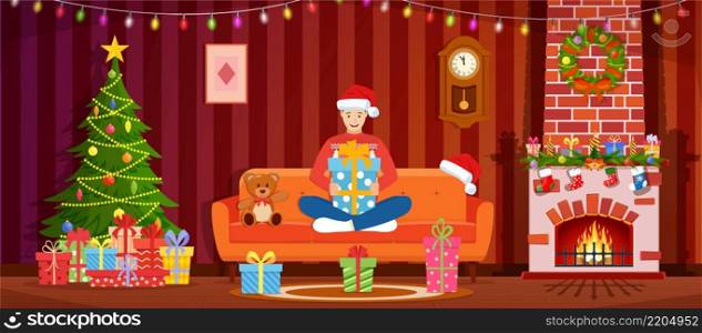 Cartoon Cozy Interior of Living Room with man on Sofa, Fireplace, Christmas Tree. Happy New Year Decoration. Merry Christmas Holiday. New Year and Xmas Celebration.Vector illustration in flat style. Cozy Interior of Living Room with man on Sofa,