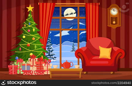 Cartoon cozy Interior of Living Room with Window, Armchair, Table, Christmas Tree. Happy New Year Decoration. Flat Vector Illustration. Cozy Interior of Living Room with Window,