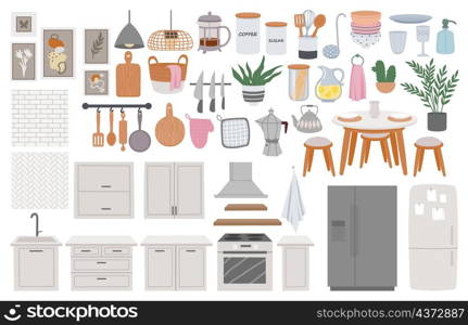 Cartoon cozy scandinavian kitchen furniture, interior elements. Dining table, refrigerator, tableware and sink. Home cook room vector set. Illustration of furniture interior kitchen. Cartoon cozy scandinavian kitchen furniture, interior elements. Dining table, refrigerator, tableware and sink. Home cook room vector set