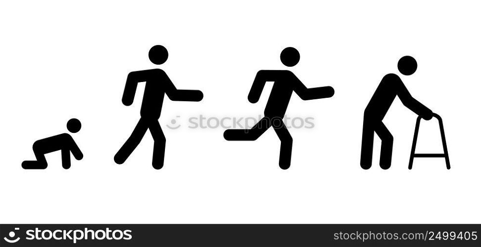 Cartoon crawl, walk, run en old man. Baby running steps and old person.   Senior, stickman, stick figure man sign. Human evolution for education concept. Jump, play, walking and running.