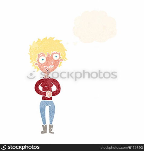 cartoon crazy excited woman with thought bubble