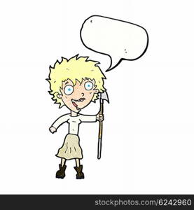 cartoon crazy woman with spear with speech bubble