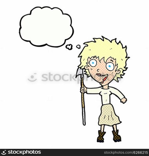 cartoon crazy woman with spear with thought bubble