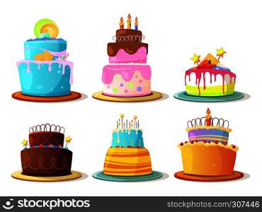 Cartoon cream cakes set isolate on white background. Vector illustrations. Collection of sweet cake to event wedding or birthday. Cartoon cream cakes set isolate on white background. Vector illustrations