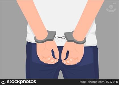 Cartoon crime man hands in handcuff at back isolated. Colorful arrested male arms wearing manacle behind vector graphic illustration. Close up law perpetrator at prison. Cartoon crime man hands in handcuff at back isolated. Close up law perpetrator at prison