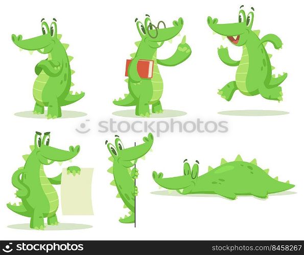 Cartoon crocodile character vector illustrations set. Collection of drawings of cute alligator standing, running, teaching, sleeping isolated on white background. Animals, mascot concept