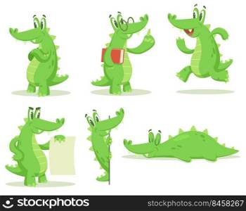 Cartoon crocodile character vector illustrations set. Collection of drawings of cute alligator standing, running, teaching, sleeping isolated on white background. Animals, mascot concept
