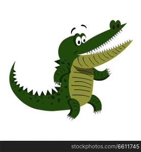 Cartoon crocodile standing with wide open mouth isolated on white background. Cute big reptile smiling and showing teeth vector illustration. Drawn friendly croc sticker for children in flat style. Cartoon Crocodile Standing with Wide Open Mouth
