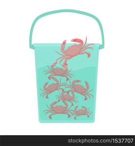 Cartoon crowd of crab in water at bucket vector graphic illustration. Colorful crustaceans with claws climbing up isolated on white. Concept of psychological behavior, way of thinking and mentality. Cartoon crowd of crab in water at bucket vector graphic illustration