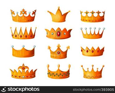 Cartoon crown. Golden emperor prince queen royal crowns diamond coronation gold antique tiara crowning imperial corona jewels isolated vector illustration set. Cartoon crown. Golden emperor prince queen royal crowns diamond coronation gold antique tiara crowning imperial corona isolated vector
