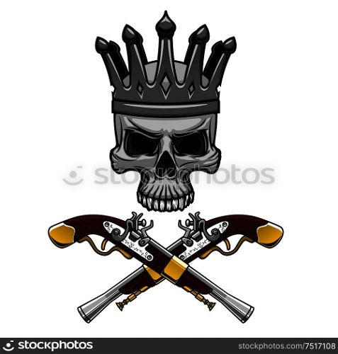 Cartoon crowned pirate skull with crossed vintage pistols instead crossbones. Great for Jolly Roger symbol or king of pirates mascot design usage. Crowned pirate skull with crossed pistols