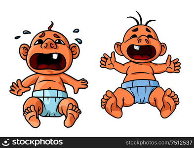 Cartoon crying babies with wide open mouths and tear drops around one of them, for childish theme concept. Cartoon crying babies with open mouths