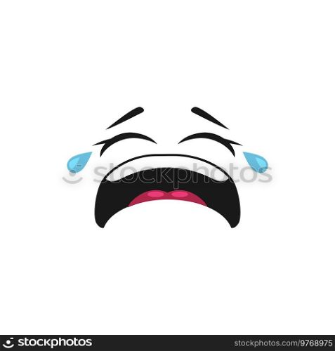 Cartoon crying face emoji, vector upset dissatisfied facial expression with tears dripping from eyes. Unhappy negative feelings, pain or grief isolated on white background. Cartoon crying face emoji, upset facial expression