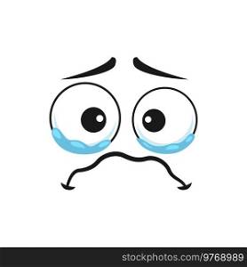 Cartoon crying face emoji with tears in wet round eyes and trembling mouth. Upset vector dissatisfied facial expression, unhappy plaintive or piteous feelings isolated on white background. Cartoon crying face emoji with tears in wet eyes
