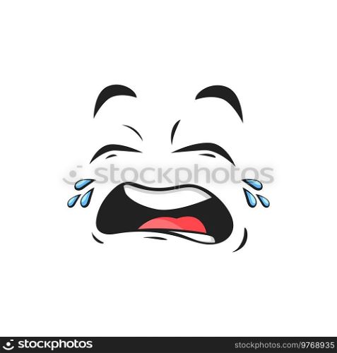 Cartoon crying face, upset emoji with tears falling from eyes. Vector dissatisfied facial expression, weepie, crybaby unhappy negative feelings isolated on white background. Cartoon crying face upset emoji with tears falling