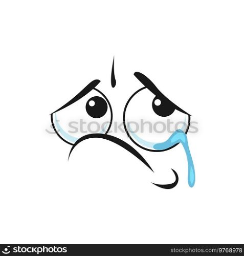 Cartoon crying face with tears dripping from eyes. Upset emoji, vector dissatisfied facial expression, weepie, crybaby unhappy negative feelings isolated on white background. Cartoon crying face with tears dripping from eyes.