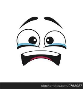 Cartoon crying face with tears in eyes, upset emoji. Vector dissatisfied facial expression, unhappy negative feelings, pain or grief isolated on white background. Cartoon cry face with tears in eyes, upset emoji.