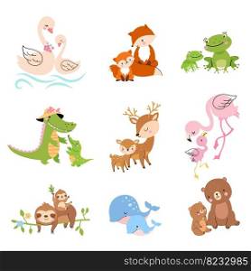 Cartoon cubs and mother animals. Mother elephant koala, wild cute baby. Animal and pets, funny family bird in love. Mom bear and swan vector characters of koala and fox, flamingo and bear illustration. Cartoon cubs and mother animals. Mother elephant koala, wild cute baby. Animal and pets, funny family bird in love. Mom bear and swan nowaday vector characters