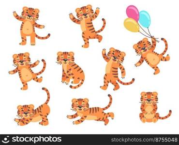 Cartoon cubs tiger. Little tigers kids, funny cute baby animal, drawing striped wildlife cub, safari character smiles jump balloons, childish wild jungle, vector decent graphic design illustration. Cartoon cubs tiger. Little tigers kids, funny cute baby animal, drawing striped wildlife cub, safari character smiles jump balloons, childish wild jungle