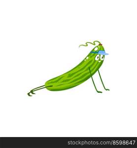 Cartoon cucumber vegetable push up, vector funny sportsman plant character workout, sport exercises. Healthy food, sports lifestyle, organic nutrition isolated on white background. Cartoon cucumber vegetable push up, vector plant