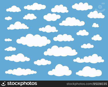 Cartoon cumulus clouds. White heaven fluffy bubbles. Rounded shape. Blue cloudy sky background. Overcast cloudscape flat style. Flying atmospheric evaporation. Meteorology isolated elements vector set. Cartoon cumulus clouds. White heaven fluffy bubbles. Rounded shape. Blue cloudy sky background. Cloudscape flat style. Flying atmospheric evaporation. Meteorology elements vector set