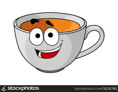 Cartoon cup of tea with happy smiling face isolated on white. Cup of tea or coffee