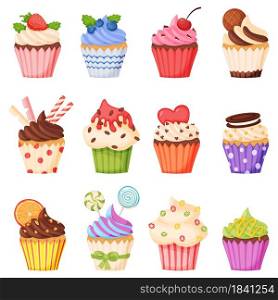 Cartoon cupcake with various toppings, delicious sweet desserts. Muffins or cupcakes with chocolate cream, fruits. Confectionery vector set decorated with lollipops, strawberry, blackberry. Cartoon cupcake with various toppings, delicious sweet desserts. Muffins or cupcakes with chocolate cream, fruits. Confectionery vector set
