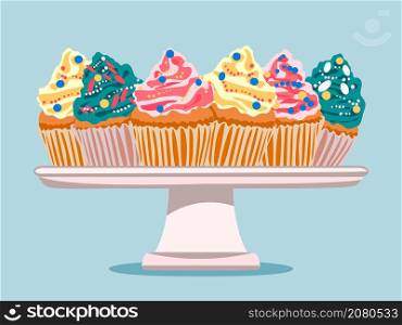 Cartoon cupcakes with colorful shavings and cream decoration in plate. Hand drawn cake isolated on white background, vector illustration. Kitchen desert icons objects flat design elements