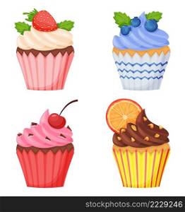 Cartoon cupcakes with different taste. Vanilla and chocolate muffins with different topping as strawberry, blueberry, cherry and orange decor. Yummy pastry food for party celebration vector set. Cartoon cupcakes with different taste. Vanilla and chocolate muffins with different topping as strawberry, blueberry