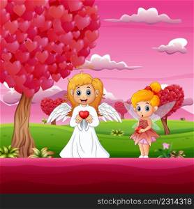 Cartoon cupid and a little fairy under the heart shaped tree