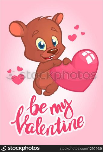 Cartoon cupid bear holding heart. Illustrated invitation or greeting card for St Valentine&rsquo;s day. Vector