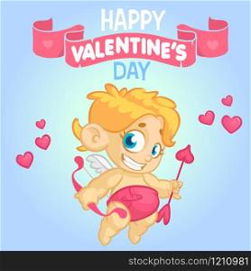 Cartoon cupid. St Valentine&rsquo;s vector postcard or greeting card with funny cupid