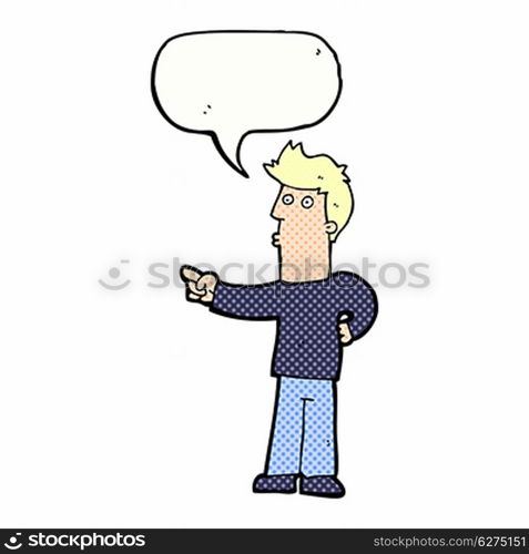 cartoon curious man pointing with speech bubble