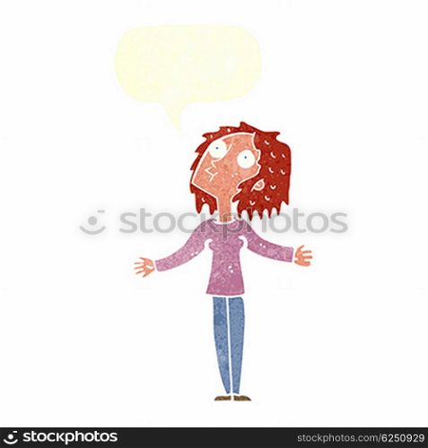 cartoon curious woman looking upwards with speech bubble