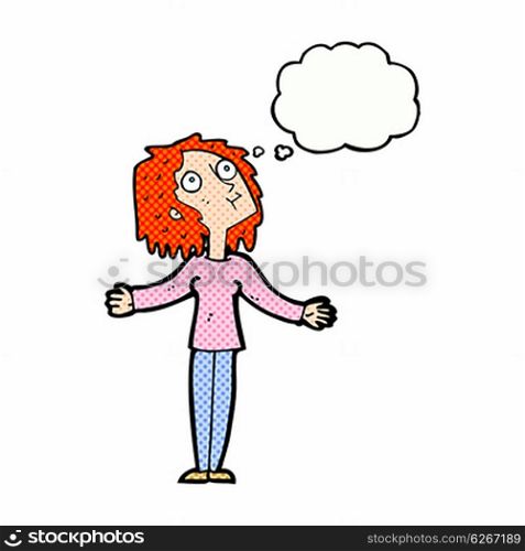 cartoon curious woman looking upwards with thought bubble