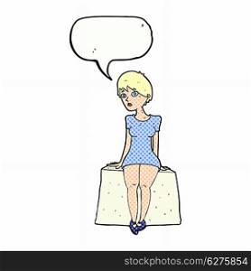cartoon curious woman sitting with speech bubble