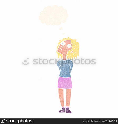 cartoon curious woman with thought bubble