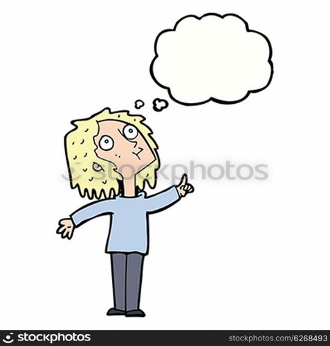 cartoon curious woman with thought bubble