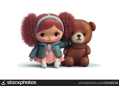 Cartoon curly girl with a teddy bear. Vector illustration design.