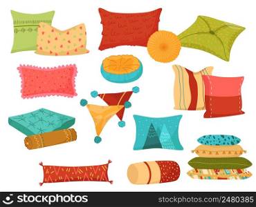 Cartoon cushion. Different shapes pillows, bed or sofa soft accessories, household cozy elements, patterned interior textile objects, bedroom or living room comfort accessory, vector isolated set. Cartoon cushion. Different shapes pillows, bed or sofa soft accessories, household cozy elements, patterned interior textile objects, bedroom or living room comfort accessory vector set